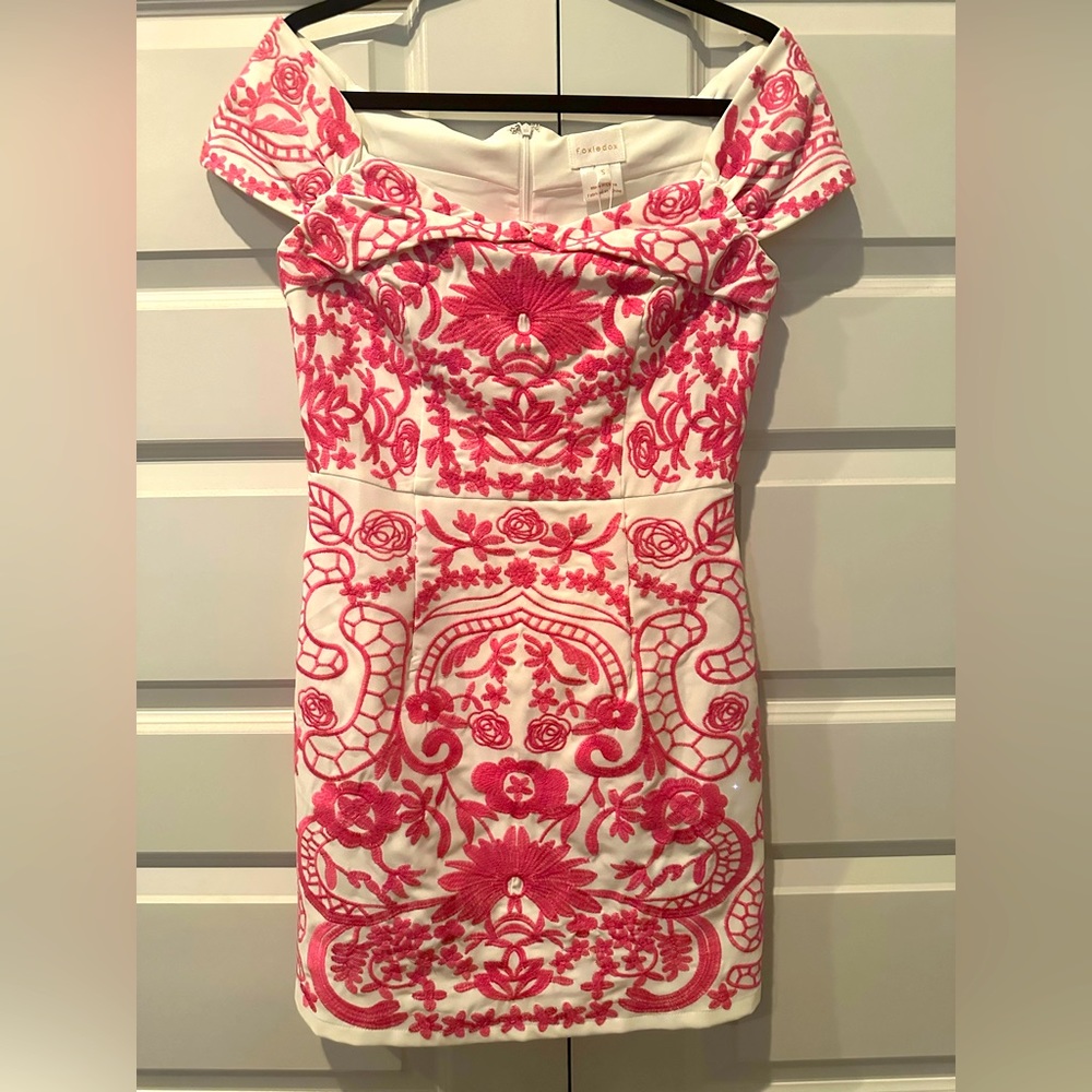 Foxiedox white off the shoulder mini dress with pink embroidery. New with tags.